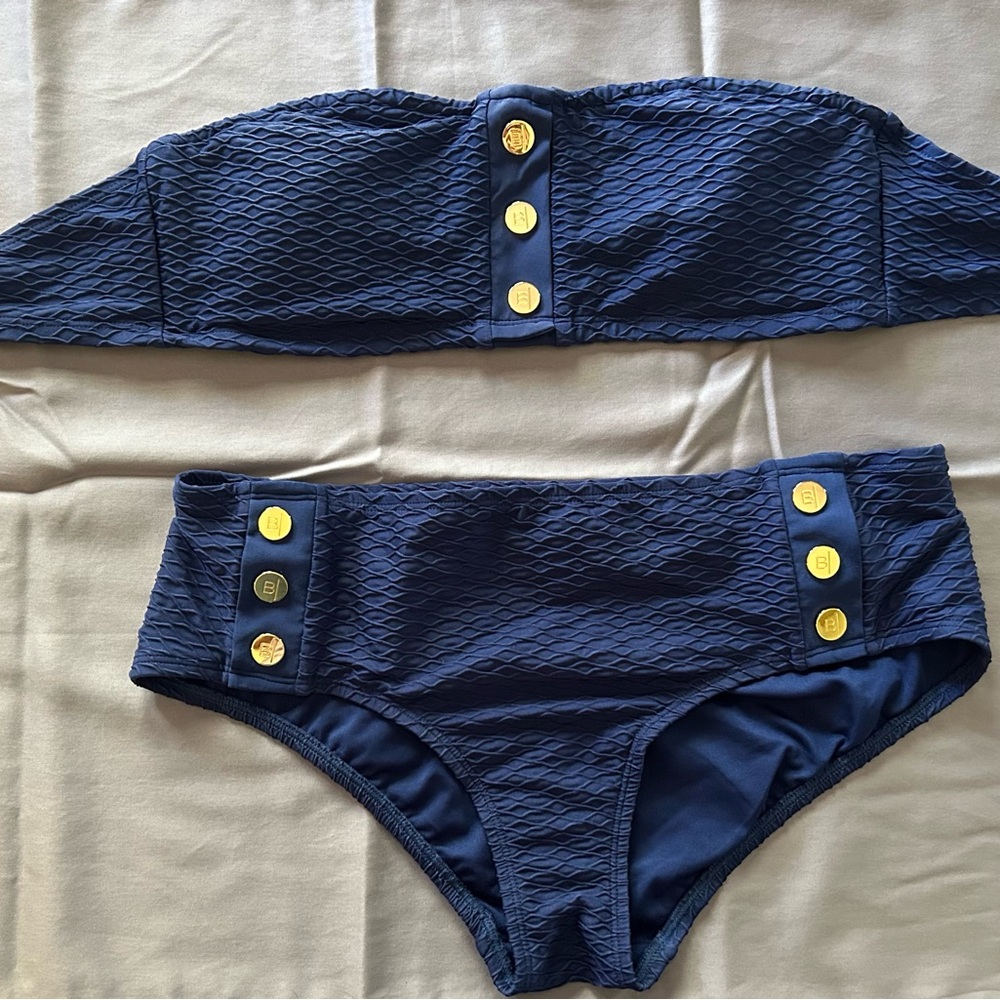 Bleu Rod Beattie Navy Textured Bikini with Gold Accents